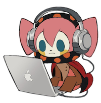 bebe: madoka magica wearing headphones using a laptop